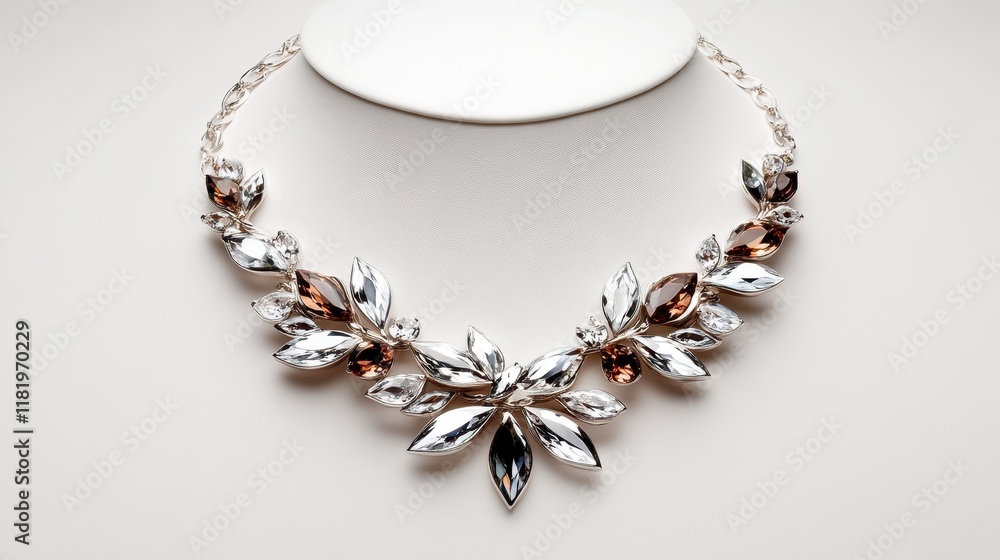 This image showcases an elegant silver and brown necklace, artfully designed with floral motifs, radiating charm and sophistication, perfect for formal occasions and special moments. This image showcases an elegant silver and brown necklace, artfully designed with floral motifs, radiating charm and sophistication, perfect for formal occasions and special moments.