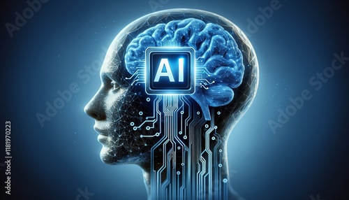 A digital illustration of a human head with an exposed brain and AI chip, representing artificial intelligence and technology.