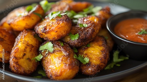 A Delicious Gourmet Dish of Crispy Fried Plantains Served with Tangy Dipping Sauce and Fresh Herbs