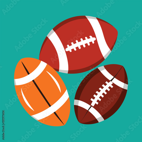 Set of colorful American footballs with different designs on a teal background