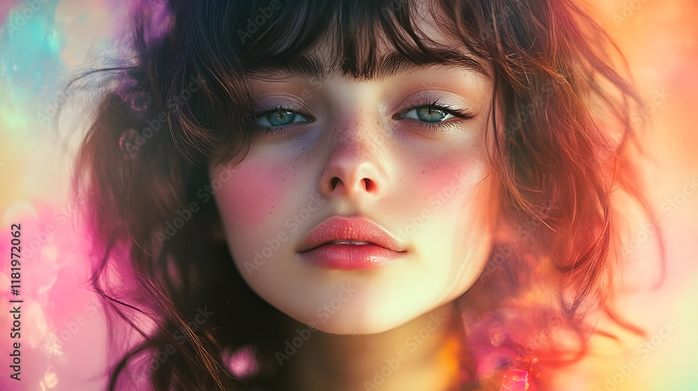 Fototapeta premium Enchanting female portrait with a aesthetic created through the blending of vibrant color gradients subtle textures and a dreamy emotive expression