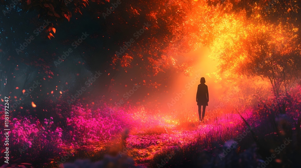 Fototapeta premium Warm glow blending vibrant colorful tones with textures in a surreal fantasy like landscape The atmospheric scene evokes a sense of mystery wonder and introspective