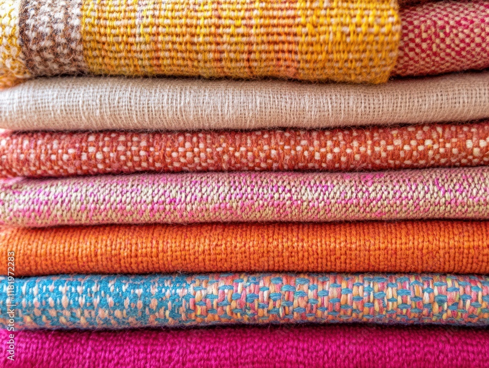 Stack of Colorful Woven Textiles in Warm Tones Stack of Colorful Woven Textiles in Warm Tones