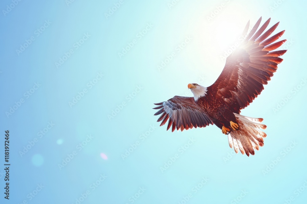 Obraz premium Eagle soaring proudly with vibrant flag wings against serene azure sky for patriotic themes and nature lovers