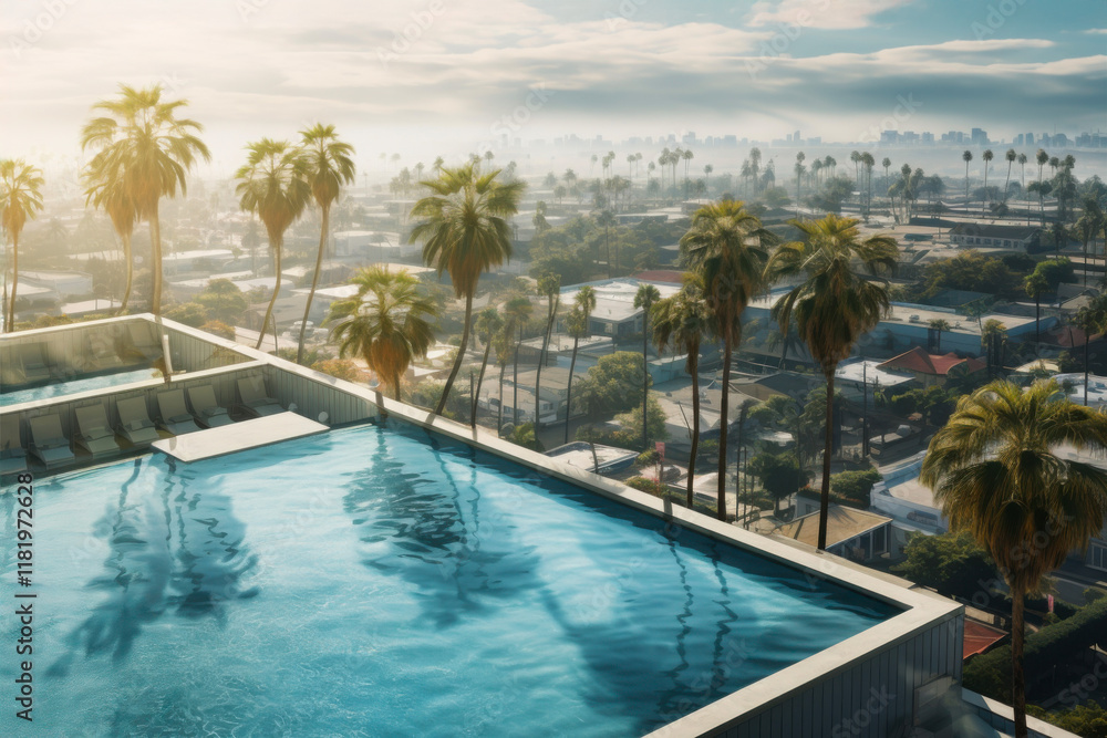Fototapeta premium Aerial view of rooftop swimming pool. Palm trees, blurred city landscape in the background. Holiday destiantion. Luxury resort. Summer holiday trip. Rooftop pool in hotel
