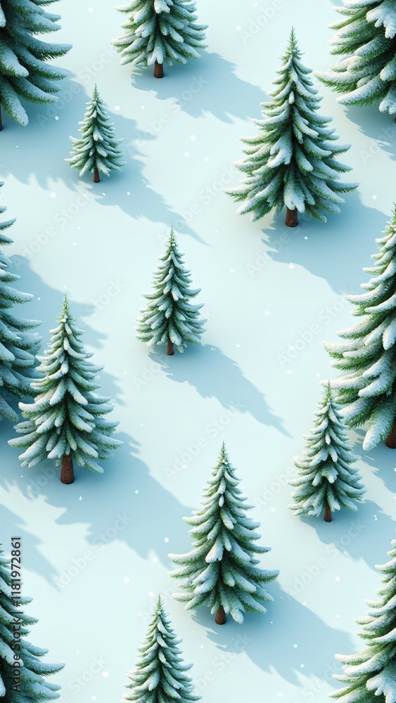 Fototapeta premium A seamless pattern of snowy pine trees on an icy blue background. Detailed branches dusted with snow evoke the serenity of a winter forest, perfect for seasonal designs and decor.