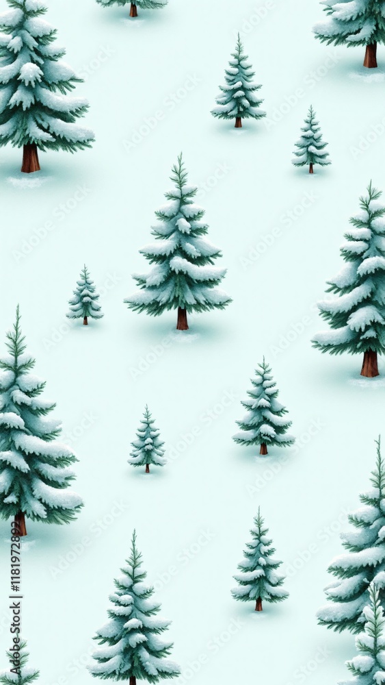 Obraz premium A seamless pattern of snowy pine trees on an icy blue background. Detailed branches dusted with snow evoke the serenity of a winter forest, perfect for seasonal designs and decor.