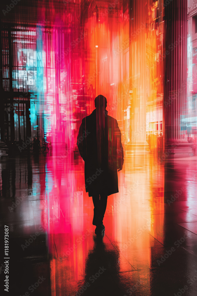 Silhouette of Man Walking Through Vibrant Digital Data Streams in Urban City Night Exploring Connectivity Silhouette of Man Walking Through Vibrant Digital Data Streams in Urban City Night Exploring Connectivity