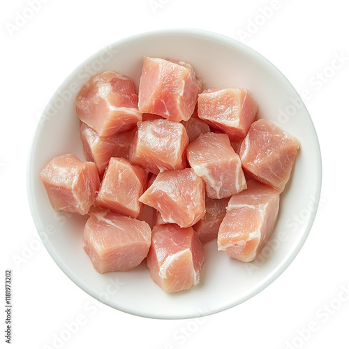 Freshly diced raw pork cubes displayed in a white bowl ready for cooking or preparation in a culinary setting. Transparent background.