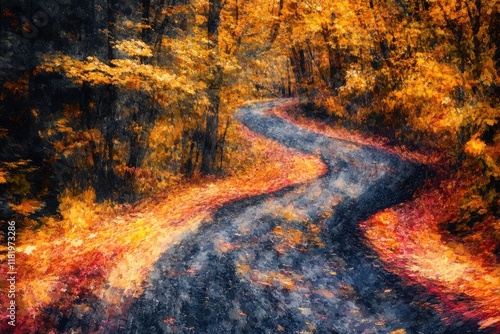 Autumn elegance: stunning yellow and orange foliage along a scenic paved road in blackwater falls state park, west virginia, captured from a unique driving perspective photo