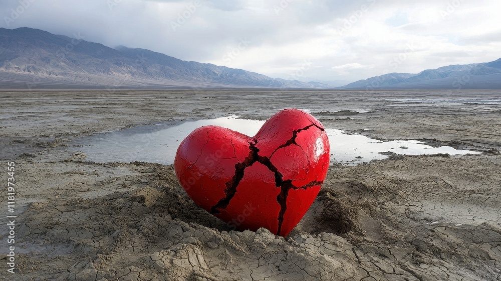 A cracked heart sculpture in the middle of a rain-soaked desert, dramatic composition, muted colors, surreal and thought-provoking. A cracked heart sculpture in the middle of a rain-soaked desert, dramatic composition, muted colors, surreal and thought-provoking.