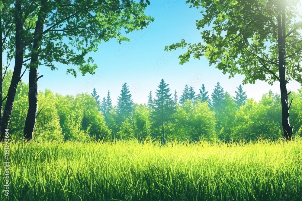 Obraz premium Nature's tranquil forest landscape adorned with lush grass and vivid vector art for creative projects and outdoor enthusiasts
