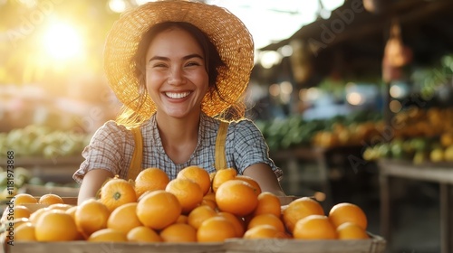 This cheerful image depicts a happy woman wearing a straw hat while presenting a basket of oranges, encapsulating the essence of a vibrant marketplace filled with fresh produce and warmth. photo