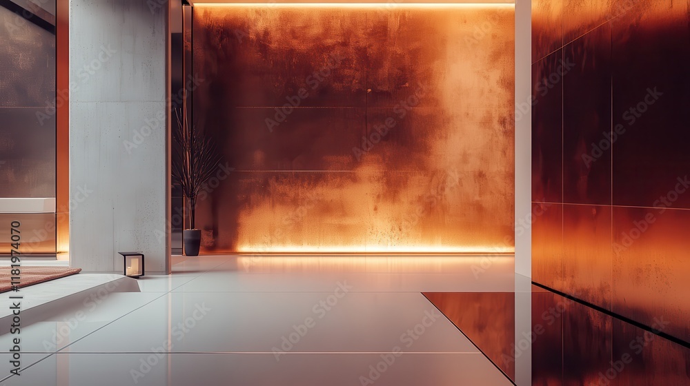 Fototapeta premium Industrial elegance luxurious interior with copper wall and polished floor modern space warm lighting contemporary design