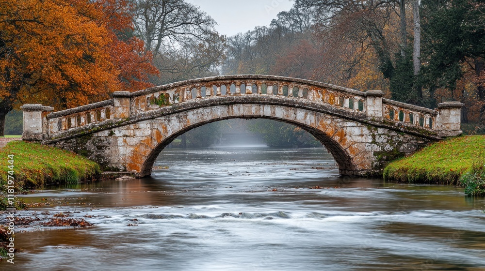 Fototapeta premium An old stone bridge over a calm river in an autumnal park.