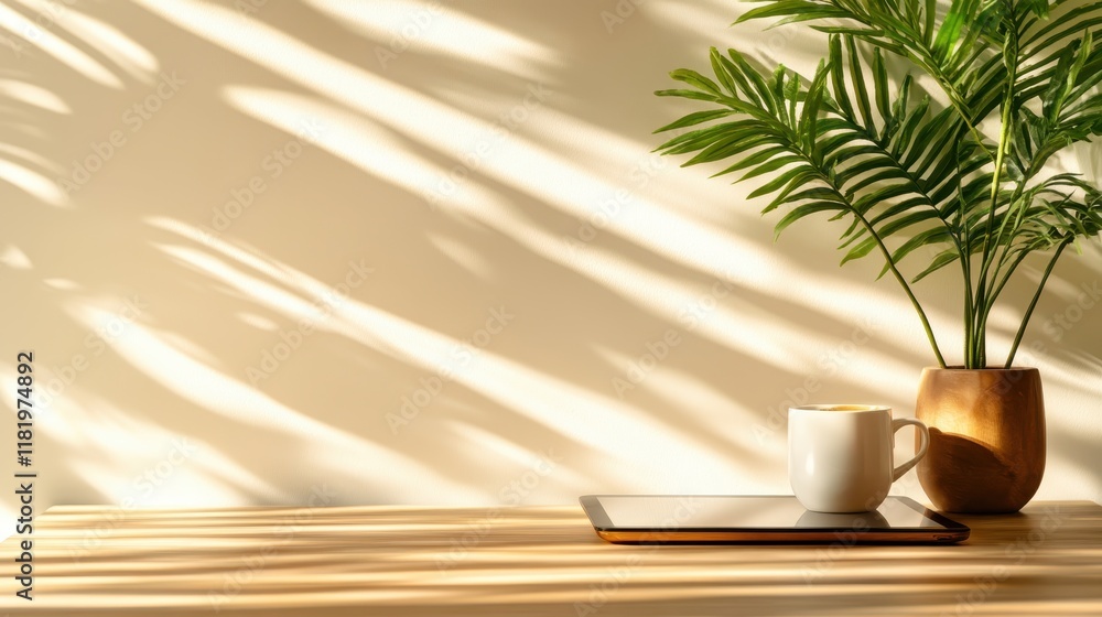 An inviting and clean coffee table scene showcasing a mug and plant, set against a softly lit background that enhances a calm and relaxed ambiance. An inviting and clean coffee table scene showcasing a mug and plant, set against a softly lit background that enhances a calm and relaxed ambiance.