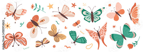 Various decorative cute butterflies and moths. Vector hand drawn illustration. All elements are isolated.