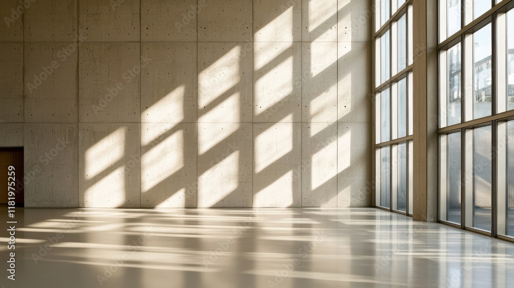 Fototapeta premium A minimalist interior featuring concrete walls and large windows casting geometric shadows on the floor.