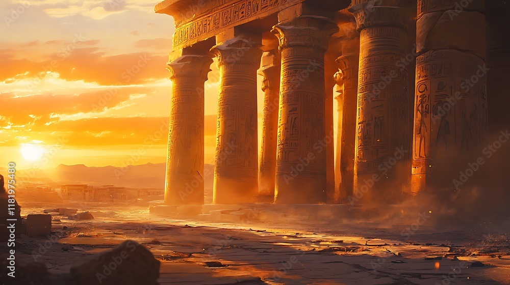 Fototapeta premium Ancient Temple Ruins at Sunset: Golden Hour in the Desert