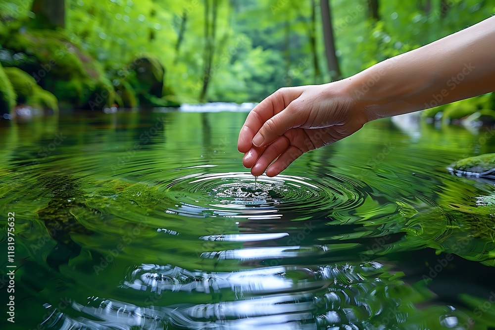 A Hand Gently Touching the Surface of Pure Green Water: Serenity and Nature Connection A Hand Gently Touching the Surface of Pure Green Water: Serenity and Nature Connection