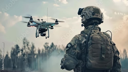 back view of soldier in military clothes using modern drone 