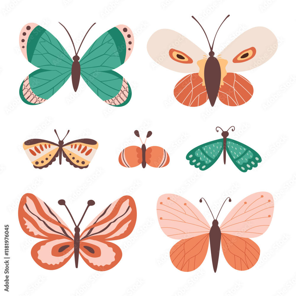 Various decorative cute butterflies and moths. Vector hand drawn illustration. All elements are isolated. Various decorative cute butterflies and moths. Vector hand drawn illustration. All elements are isolated.