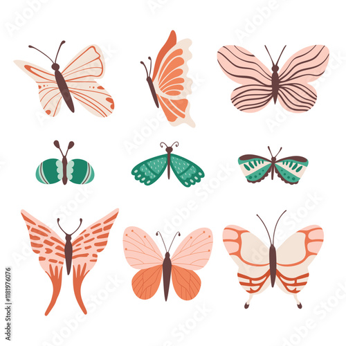 Various decorative cute butterflies and moths. Vector hand drawn illustration. All elements are isolated.