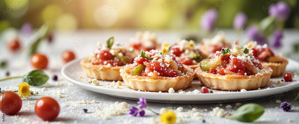 Mini strawberry tartlets arranged for spring garden party, festive desserts Mini strawberry tartlets arranged for spring garden party, festive desserts