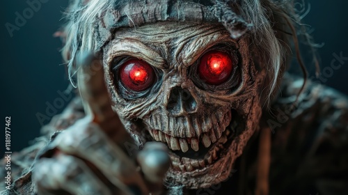 A terrifying close-up of a skeletal figure with glowing red eyes and a menacing expression, creating an unnerving feeling that captivates and chills the audience. photo