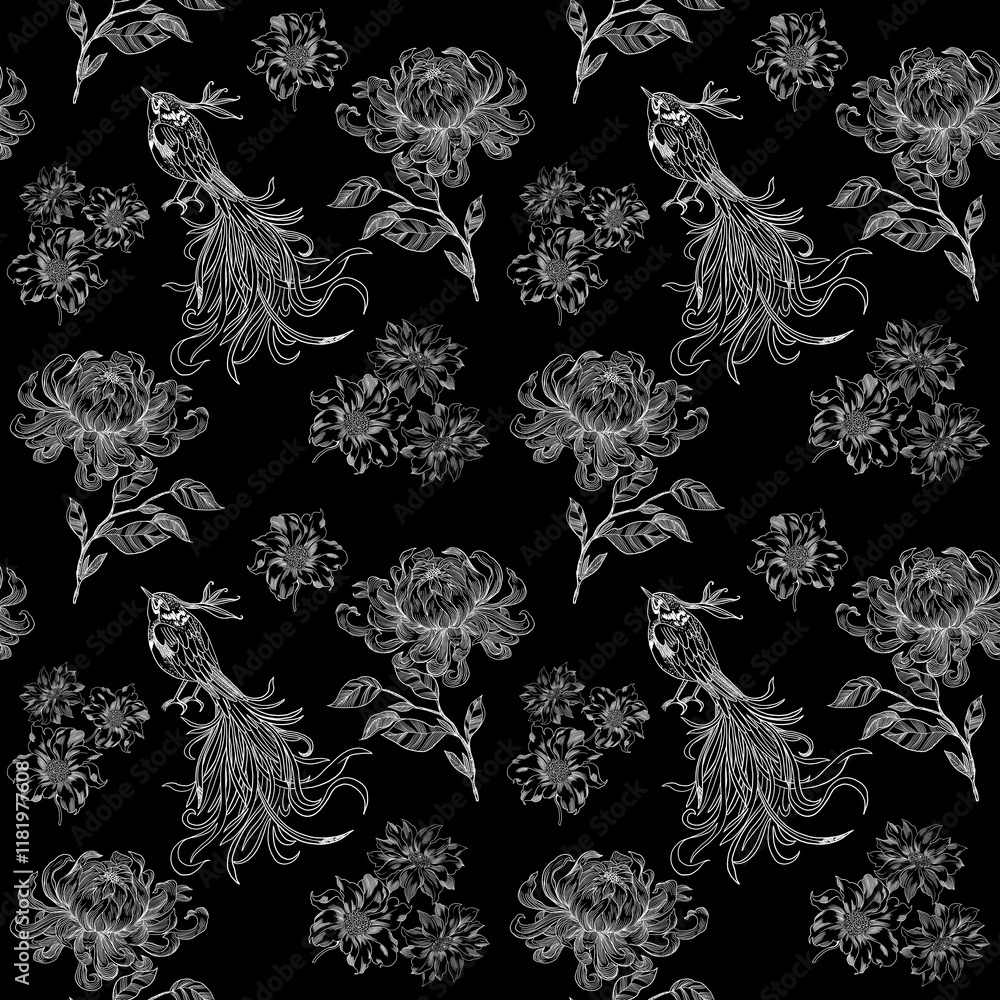 Fototapeta premium Abstract botanical blooming seamless pattern with hand drawn flower in Toile de jouy porcelain style. Retro elegance repeat print