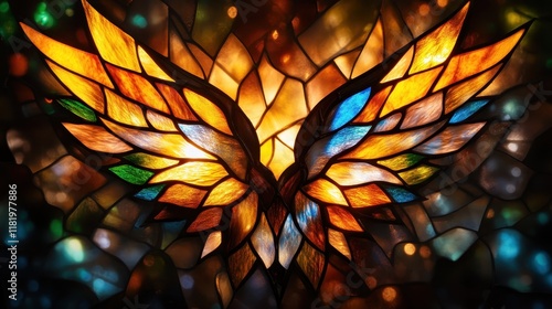 This striking stained-glass depiction of wings captures vibrant colors and mesmerizing patterns, evoking feelings of freedom and deep emotional resonance through art. photo