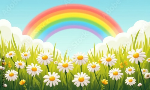 Vibrant field of daisies with rainbow