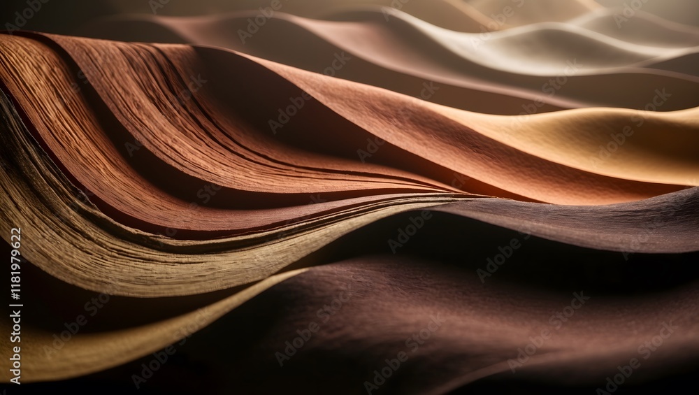 Obraz premium Moody atmospheric photography of an abstract background featuring layered, textured waves in warm earthy tones, with hints of golden honey, rich terracotta, and velvety chocolate, evoking the depth an