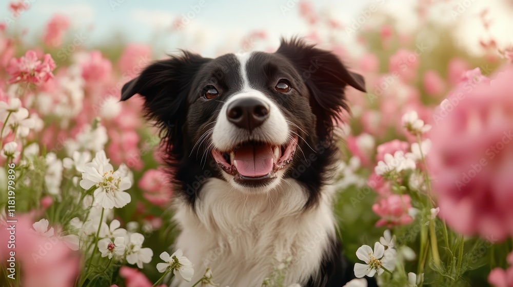 A happy Border Collie is playfully surrounded by colorful flowers, highlighting the beauty of nature and the bond between pets and their environment in this lively scene.