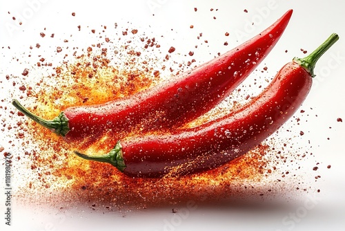 Two vibrant red chili peppers with an explosion of spice particles around them. photo