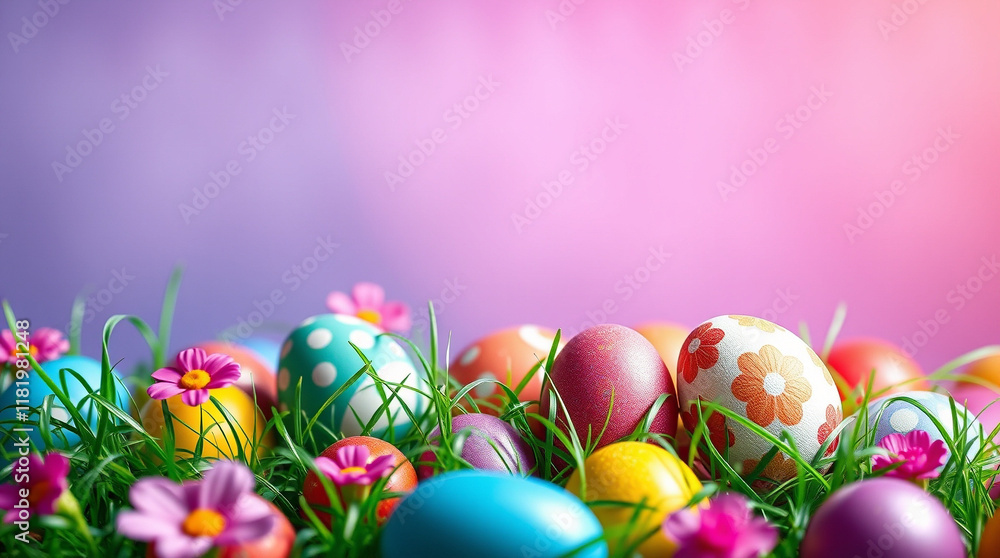 Fototapeta premium Colorful Easter eggs nestled in vibrant green grass against a soft pink and purple background. A festive spring scene.