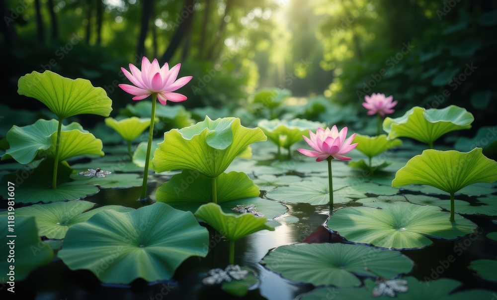 Serene pink lotus flowers in water Serene pink lotus flowers in water