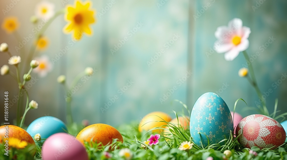 Colorful Easter eggs nestled in spring grass with wildflowers. Festive springtime scene. Colorful Easter eggs nestled in spring grass with wildflowers. Festive springtime scene.