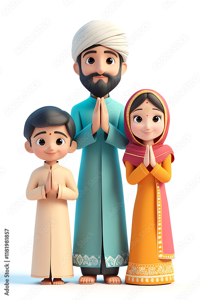 A family of three, dressed in traditional attire, standing with hands together in greeting. A family of three, dressed in traditional attire, standing with hands together in greeting.