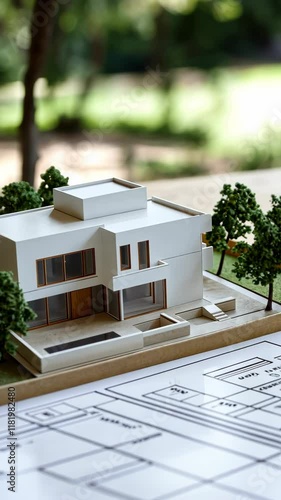 Modern architectural model displayed with detailed plans on a table outdoors during daylight