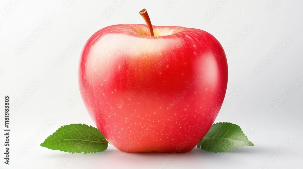 Obraz premium Vibrant red apple with green leaves on white background