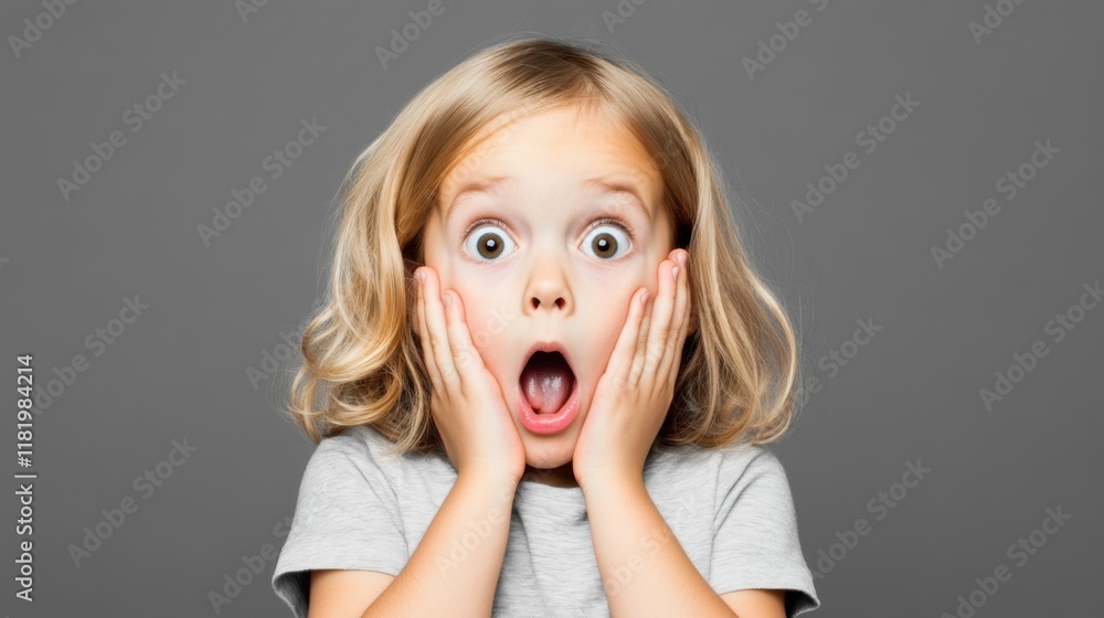 Surprised Child with Hands on Face and Wide Eyes Against a Gray Background Expressing Joy and Shock Surprised Child with Hands on Face and Wide Eyes Against a Gray Background Expressing Joy and Shock