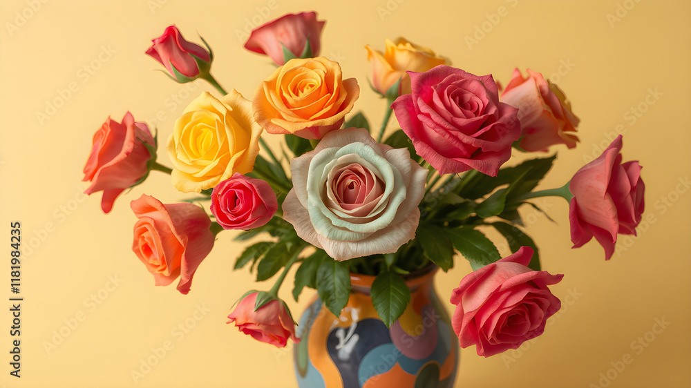 vibrant roses in a colorful, ceramic, vibrant bold colorful unique vase, solid color background, 3D, ultra HD, realistic vibrant roses in a colorful, ceramic, vibrant bold colorful unique vase, solid color background, 3D, ultra HD, realistic