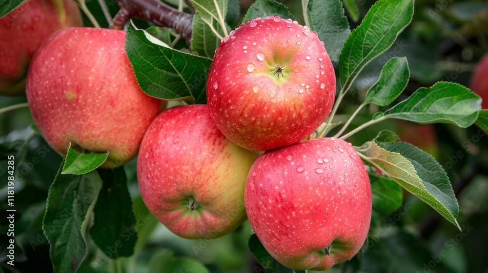 Fresh dew-kissed red apples hanging on tree branches in lush green orchard Fresh dew-kissed red apples hanging on tree branches in lush green orchard