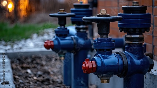 A blue water main plant features two large pipes with gate valves, captured in natural light highlighting the sharp details photo