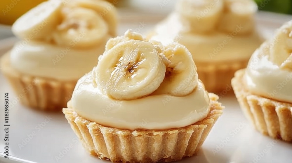 Delicious mini banana cream pies topped with fresh banana slices and creamy frosting, perfect for dessert lovers. Delicious mini banana cream pies topped with fresh banana slices and creamy frosting, perfect for dessert lovers.