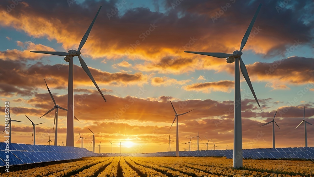 Obraz premium Image is a vibrant landscape photograph featuring a field of solar panels in the foreground, with several large wind turbines in the background.
