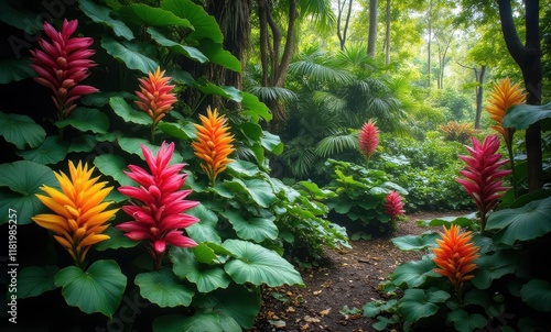 Vibrant tropical flowers in lush greenery photo