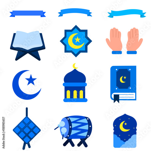 ramadan festival icons mosque crescent drum quran and prayer flat vector set