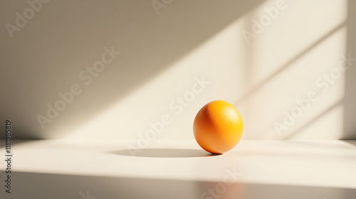 A solitary orange egg on a minimalist surface with soft shadows and light.